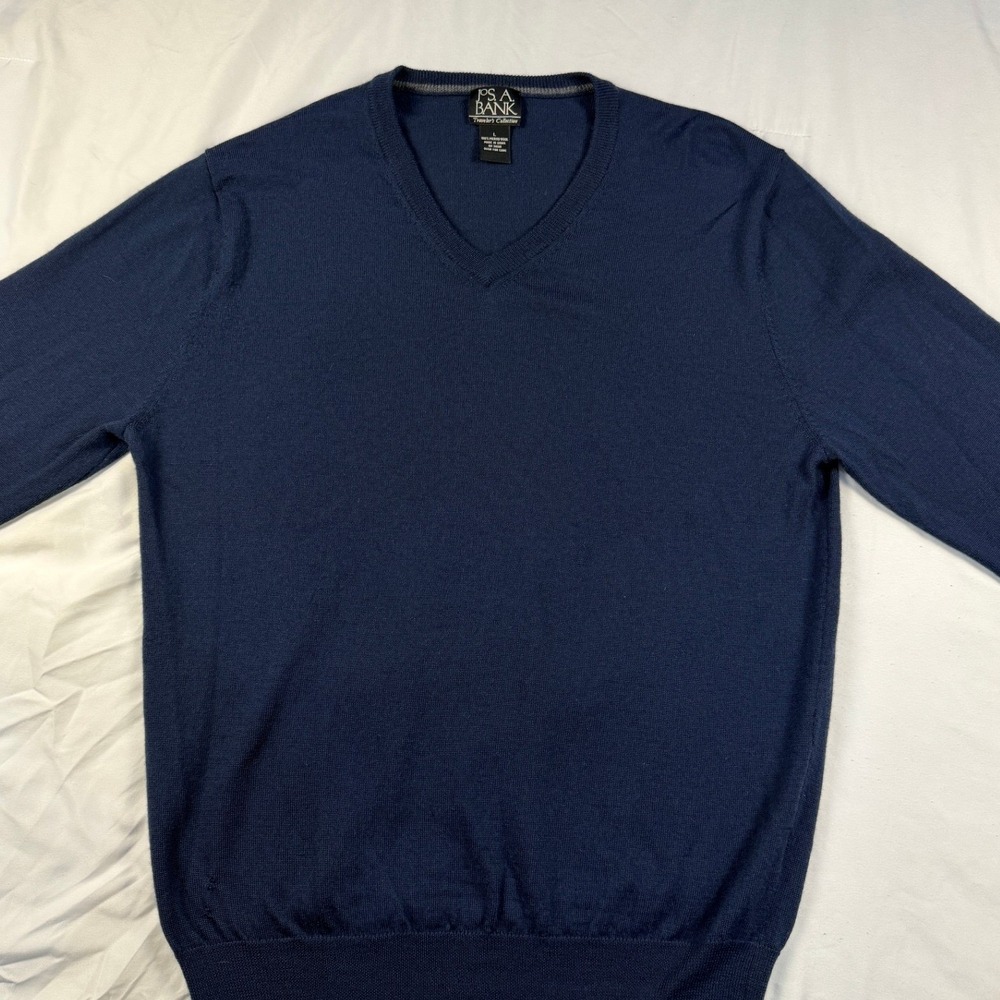 JO S A BANK Traveler's Collection V Neck Sweater Navy‎ Blue Merino Wool Mens L